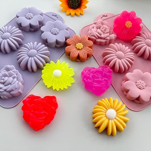 Miniatura 7 de Paquete de 2 moldes de silicona para tartas de flores para hornear, 6 cavidades 3D de margaritas 3D, moldes de chocolate rosa para hacer mousse,