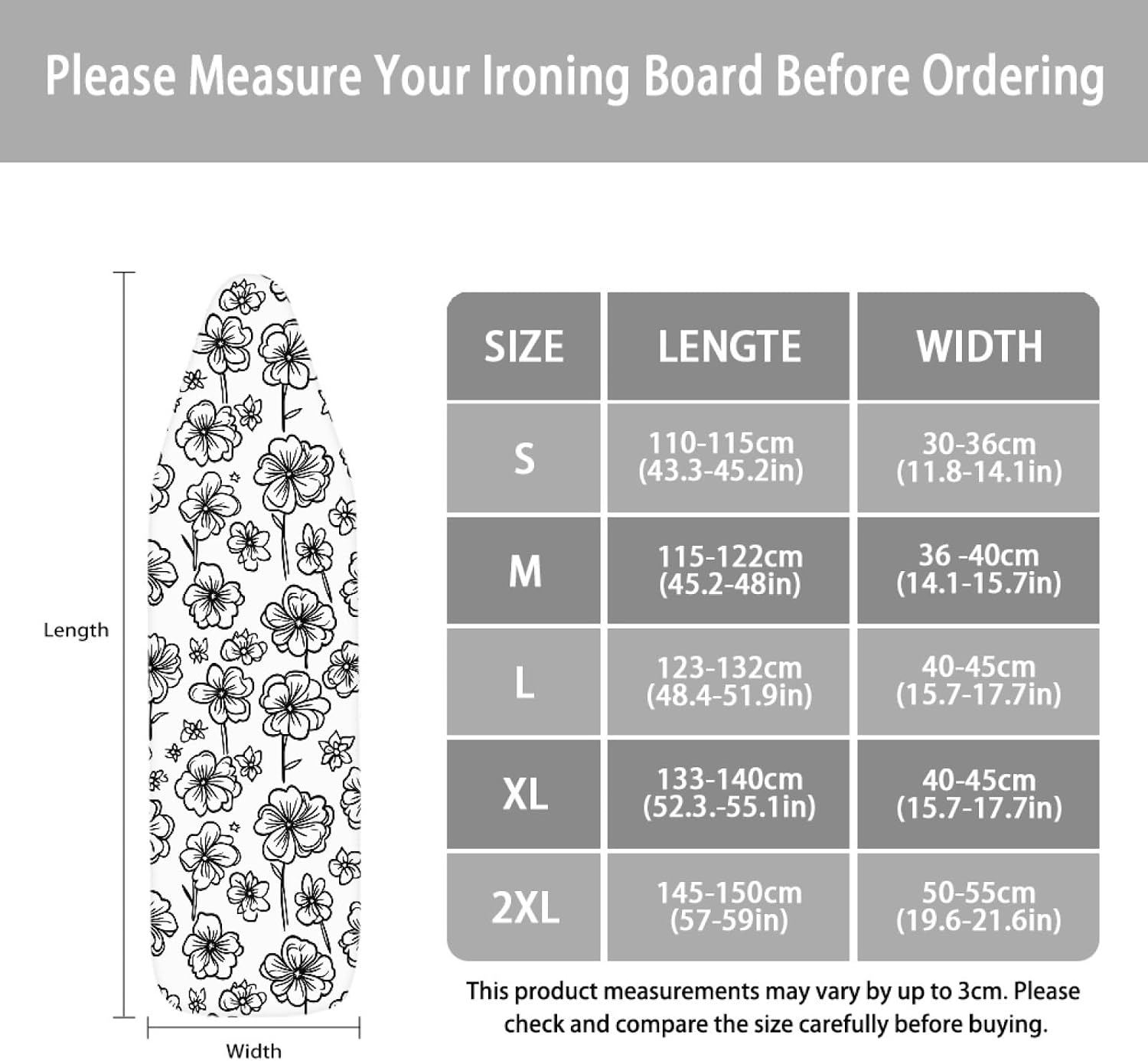 Iron Board Cover with Padding Standard Size Flower Grey Black Padded Ironing Board Covers 15x54 Heat Reflective Extra Thick Wide Non Stick Scorch and Stain Resistant Heatproof