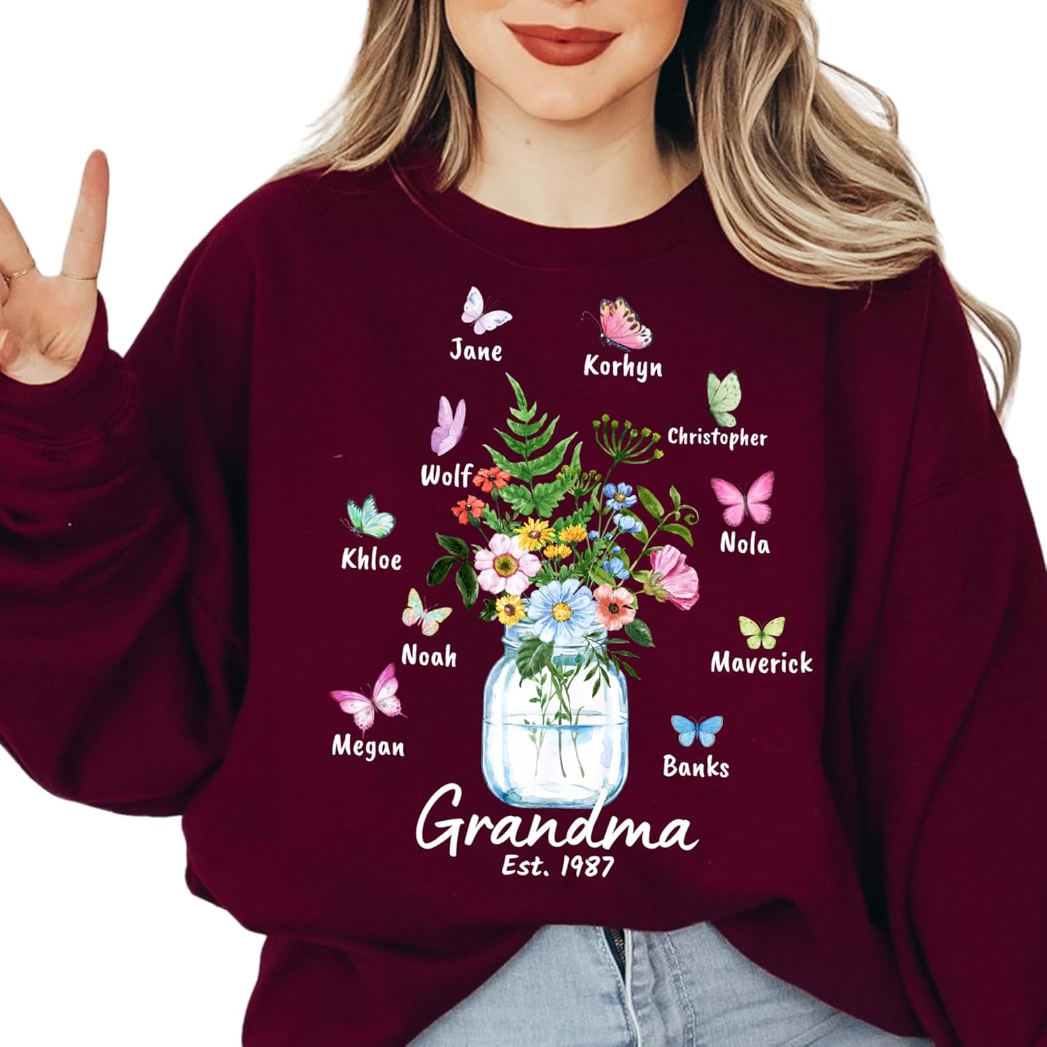 Custom Nickname Grandma Sweatshirt, Butterfly Kids Name Hoodie, Personalized Grandkids Names Apparel, Customized Mom Butterfly Gift Tee, Personal Mama Butterflies Outfit Multi Color