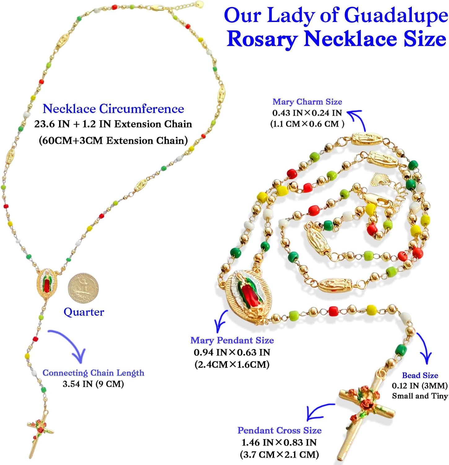 Rosary Beads Catholic for Women, Virgen de Guadalupe Necklace - 14K Gold Plated Virgin Mary Pendant, 3mm Mini Colorful Beads, Religious Baptism Gift - Image 2