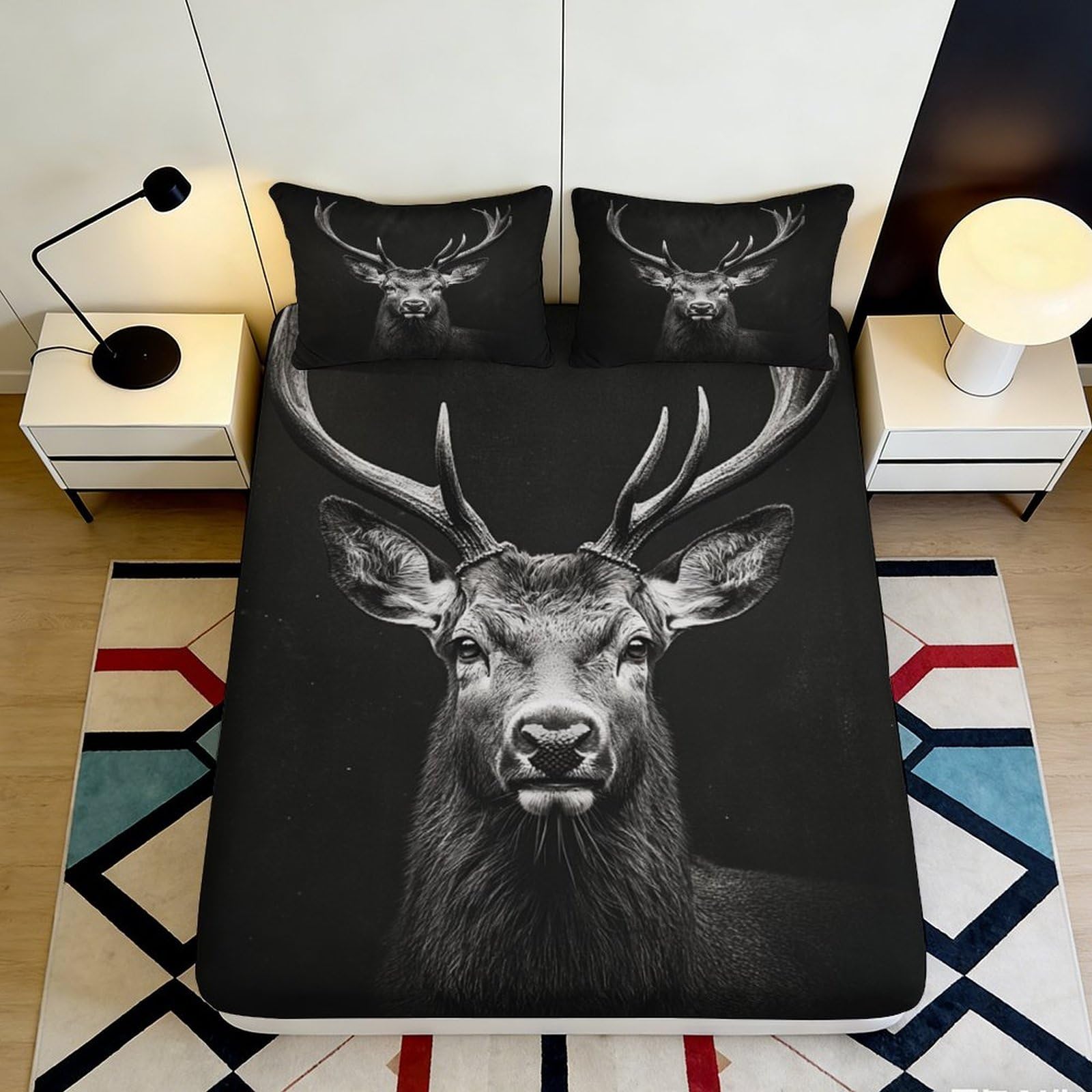 3D Printed Stag Antlers Fitted Sheet Microfiber Soft Black Deer Mattress Cover for Bedroom Guest Room Dorm Protection Decor 120x200x25cm