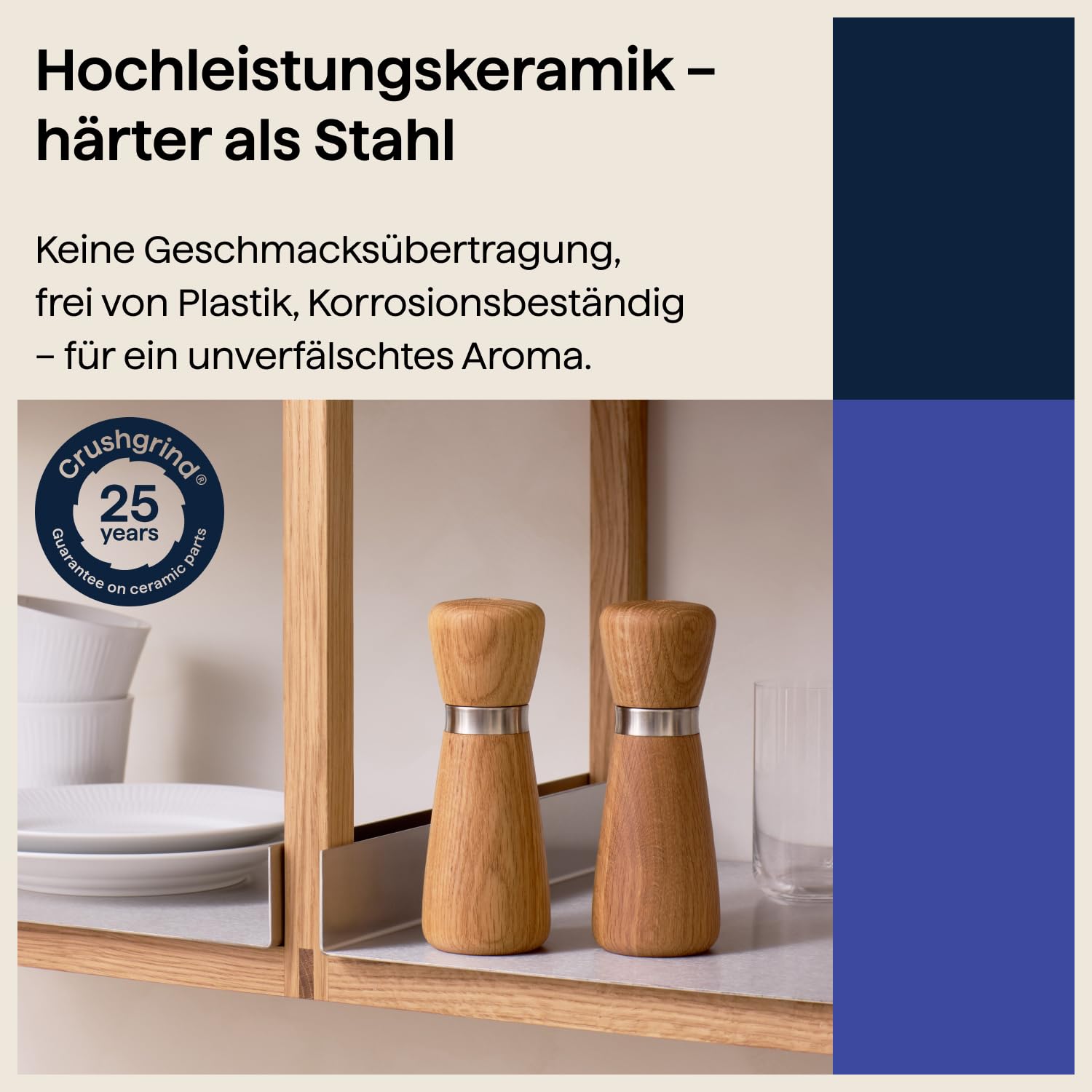 Crushgrind Kyoto Gewürzmühle mit Keramikmahlwerk | Salz und Pfeffermühle mit verstellbarem Mahlgrad für grobes Salz | Kräutermühle aus hochwertigen, nachhaltigen Materialien (170 mm, Braune Esche) | Keramikmahlwerk mit verstellbarem Mahlgrad - Für Salz, P