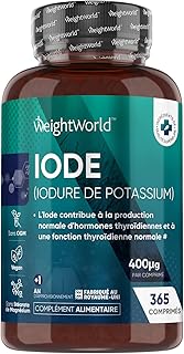 Iode de Potassium Stable Thyroïde 400μg - 365 Micro Comprimés Vegan (5mm) - 1 Tous les 3 Jours - Iodure de Potassium sans Éléments Radioactifs - Métabolisme, Peau Normale (EFSA) - WeightWorld
