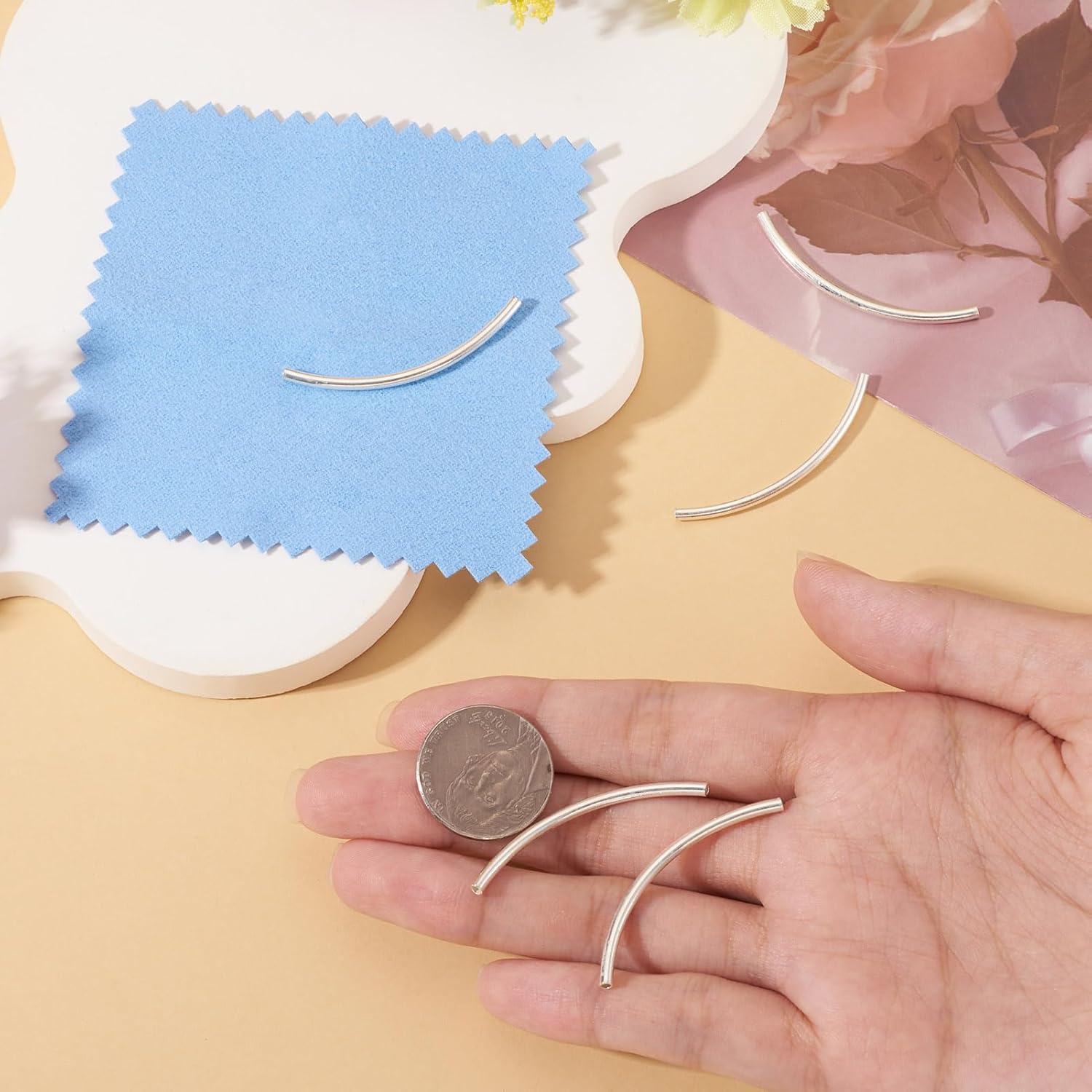 FASHEWELRY 5Pcs 925 Sterling Silver Tube Beads 40mm Curved Noodle Tube Beads Long Metal Spacer Bead for Jewelry Making DIY Necklace Bracelet Stacked Bangle