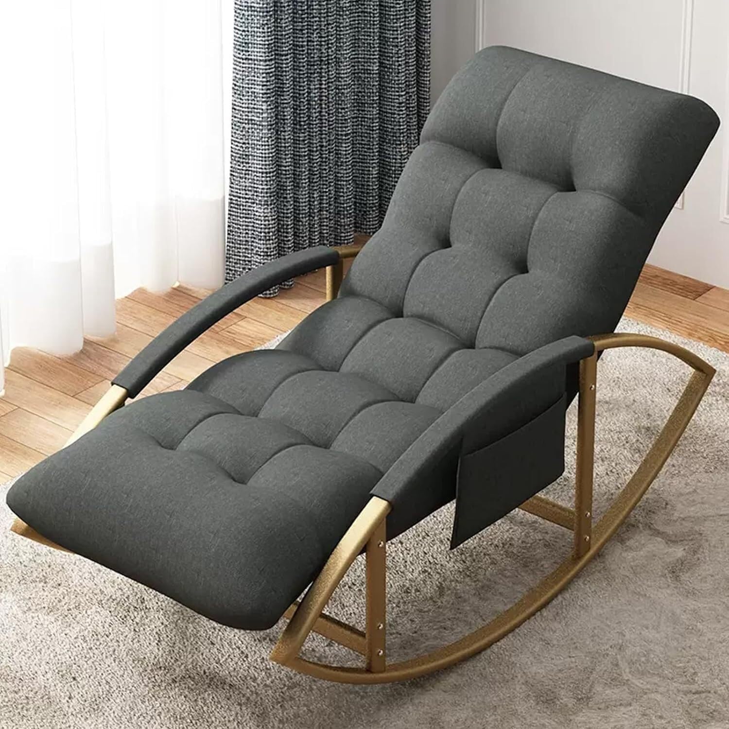 Rocking Outdoor Lounger Chair Chaise Lounge Zero Gravity Rocker,Modern Rocking Chair Set with Footstool for Living Room Comfortable Arc Soft Cushion Breathable Design Side Pockets Ideal for