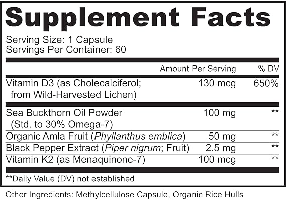 MoxyVites Vitamin D3 K2 5000 IU High Absorption D3 + K2 MK-7 with Sea Buckthorn Oil & Omega-7 Bone, Heart & Immune Support for Women & Men 60 Vegan Capsules