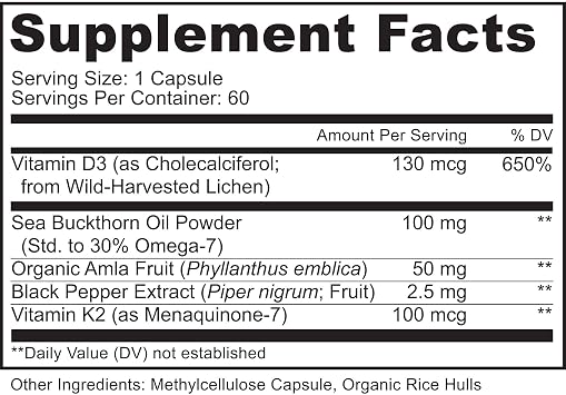 MoxyVites Vitamin D3 K2 5000 IU High Absorption D3 + K2 MK-7 with Sea Buckthorn Oil & Omega-7 Bone, Heart & Immune Support for Women & Men 60 Vegan Capsules