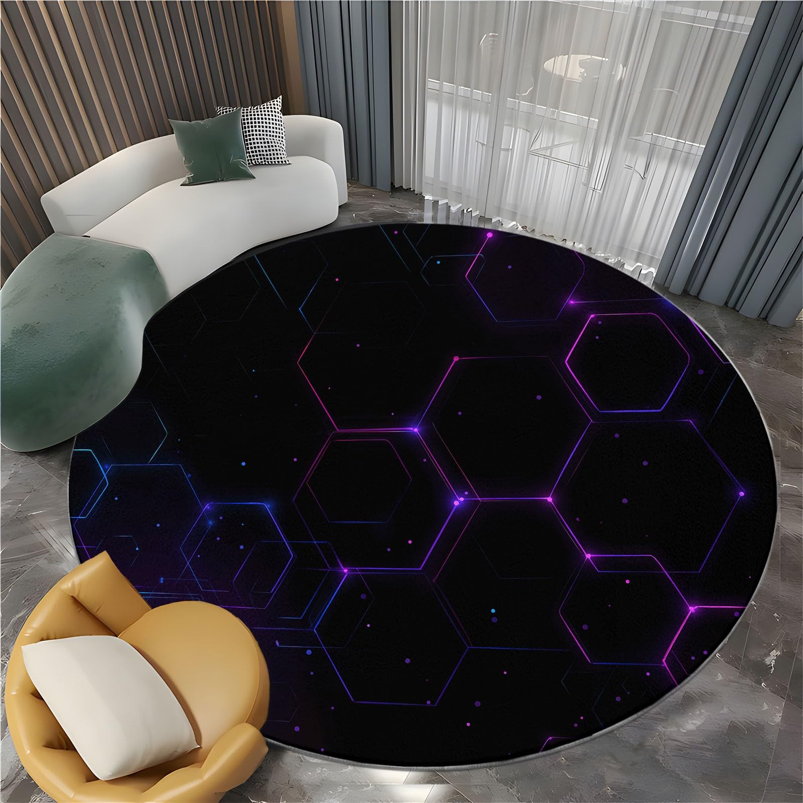 Futurismus Waschbare Runde Teppiche 220 cm, Blau Lila Neon Sechseck Geometrisch Rutschfester Runder Teppich für Wohnzimmer - Weicher Niedrigfloriger Teppich für Unter den Esstisch Kinderzimmer