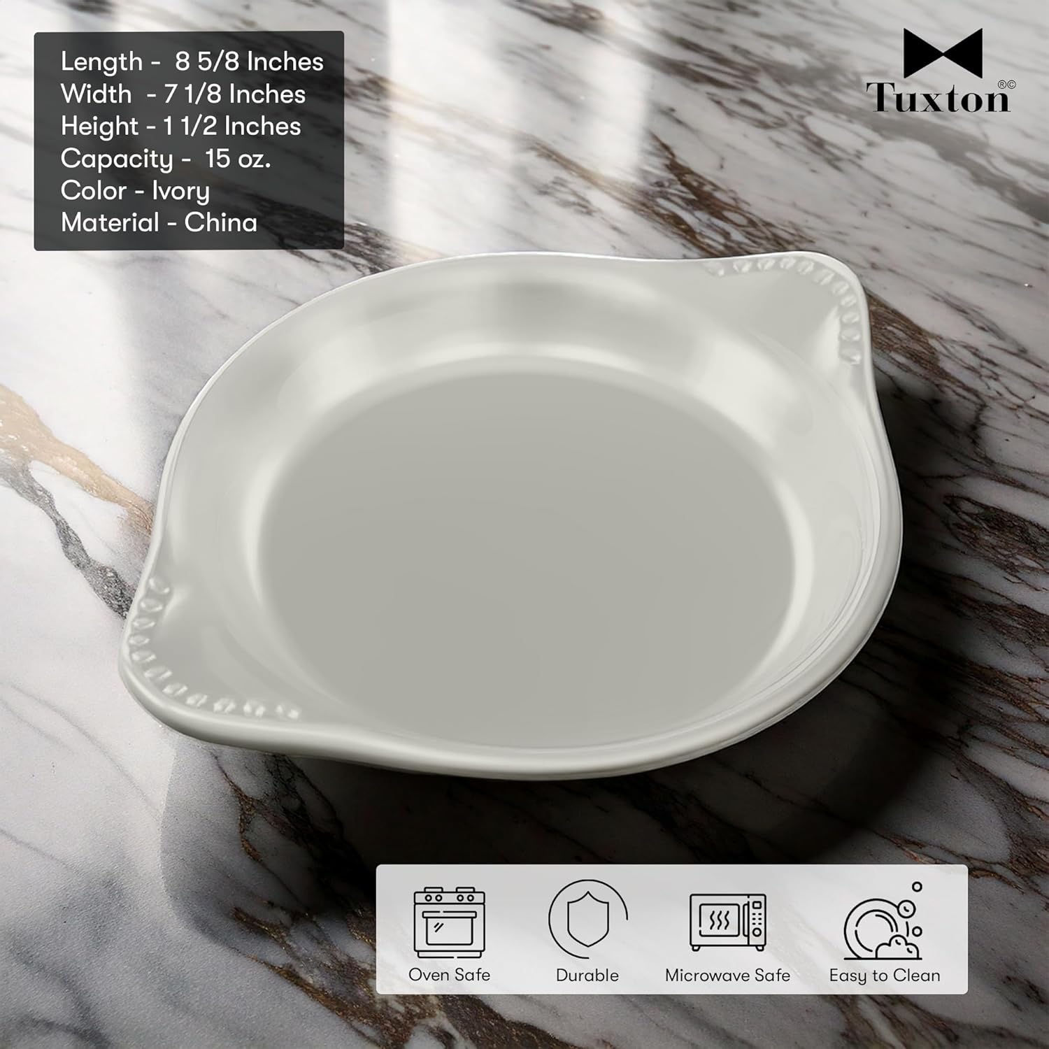 Tuxton China BEN-1202 Shirred Egg, 15 oz., 8-5/8" x 7-1/8" x 1-1/2" H, Round, Microwave and Dishwasher Safe, Oven Proof, Fully Vitrified, Ceramic, DuraTux, Pack of 12