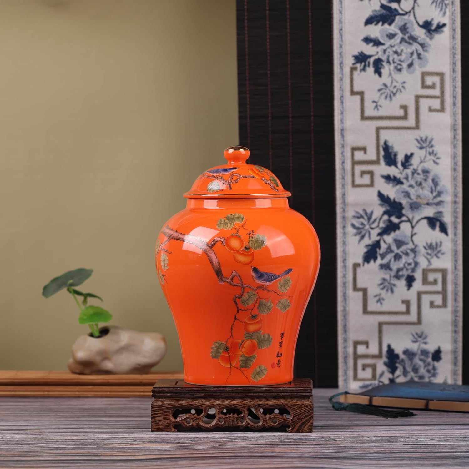 Chinese Ginger Jar with Lid Chinoiserie Antique Style,Home Decorative Retro Blue and White Porcelain Flowers Ceramic Covered Jar Vase,Traditional China Ming and Qing Style (Orange Jar)