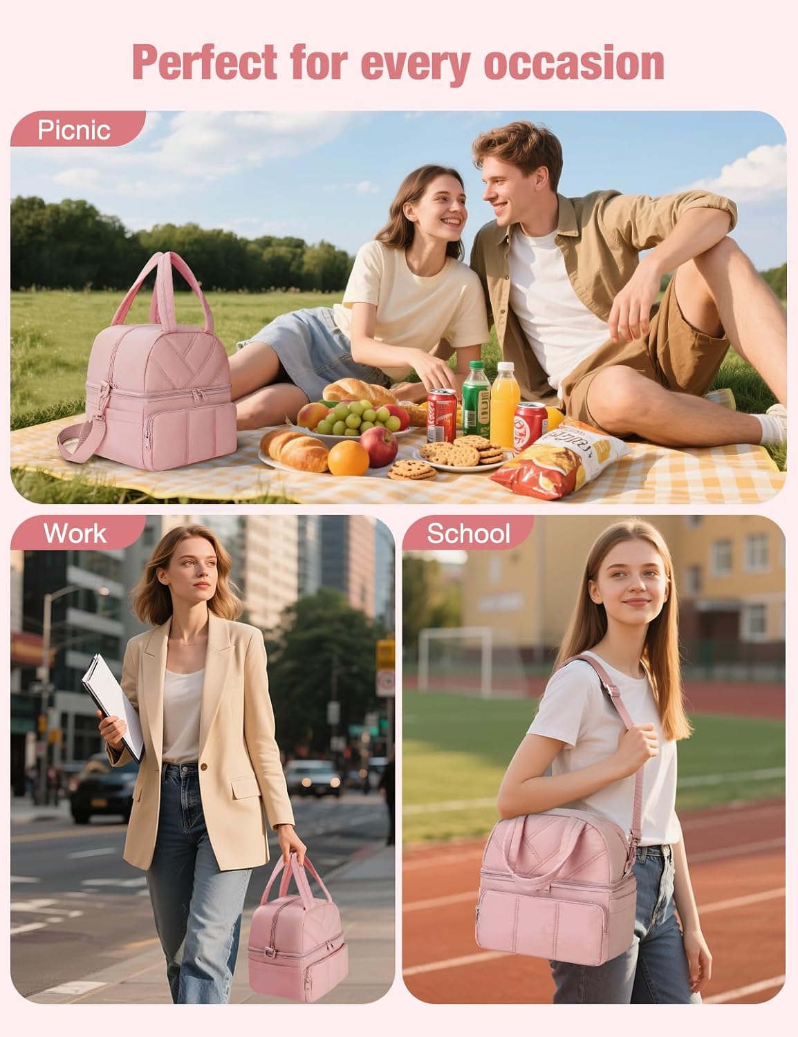 Vuudh Lunch Bag for Women, Double Deck Insulated Lunch Box, Quilted Puffer Lunch Tote Bag, Lightweight, Leakproof, Durable & Reusable Large Lunch Coller for Work Picnic Travel - Image 7