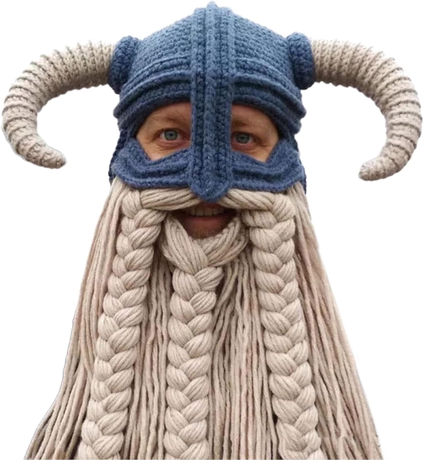 Crocheted Large Beard Horns Mask Hat Handmade Bull Horn Hat Thermal Male Female Couple Winter for Holiday Birthday Gifts Long Multicolor