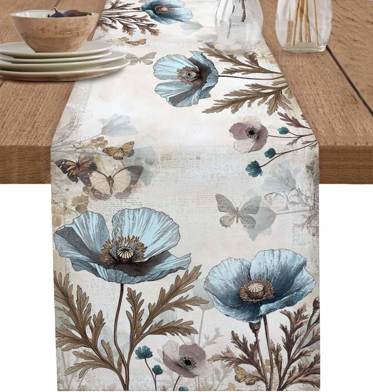 Vintage Tulip Flowers Table Runners 108 Inches Long, Cotton Linen Fabric Table Runner Dresser Scarf, Blue Brown Floral Butterfly Mallow Tablerunner for Party/Kitchen/Dinner/Wedding Decor 13''x108''