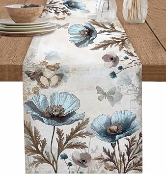 Vintage Tulip Flowers Table Runners 108 Inches Long, Cotton Linen Fabric Table Runner Dresser Scarf, Blue Brown Floral Butterfly Mallow Tablerunner for Party/Kitchen/Dinner/Wedding Decor 13x108