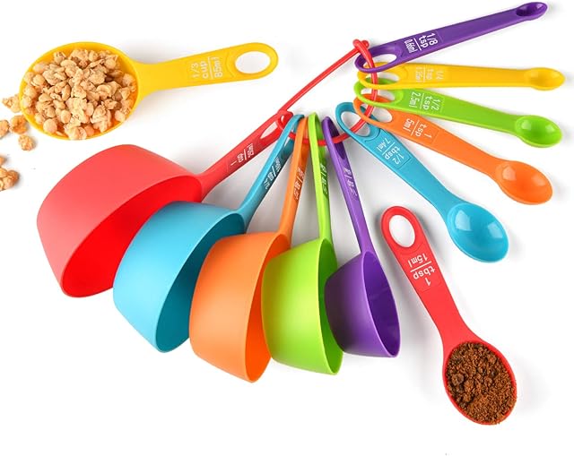 Measuring Cups and Spoons Set of 12, Plastic Colorful Measuring Cups Meausuring Spoons Stackable for Measuring Dry and Liquid Ingredients Great for Baking and Cooking(Random Color)