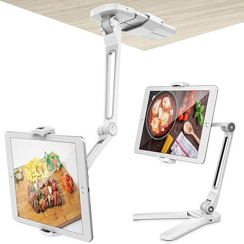 AboveTEK Tablet Mount - Wall & Table Mount, Height Adjustable & 360° Rotatable, Tablet Stand Compatible with Cell Phone, iPad, Kindle, Bed, Kitchen, Wall (4.7-13.5 inches) - White - White