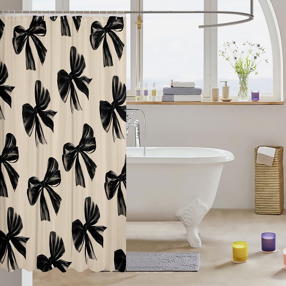 Erosebridal Bow Bathroom Curtain 72" Wx78 L Black Bow Tie Bath Curtains for Kids Teen Adults Room Decor,Watercolor Bowknot Shower Curtains Black White Simple Decor Curtain Sets