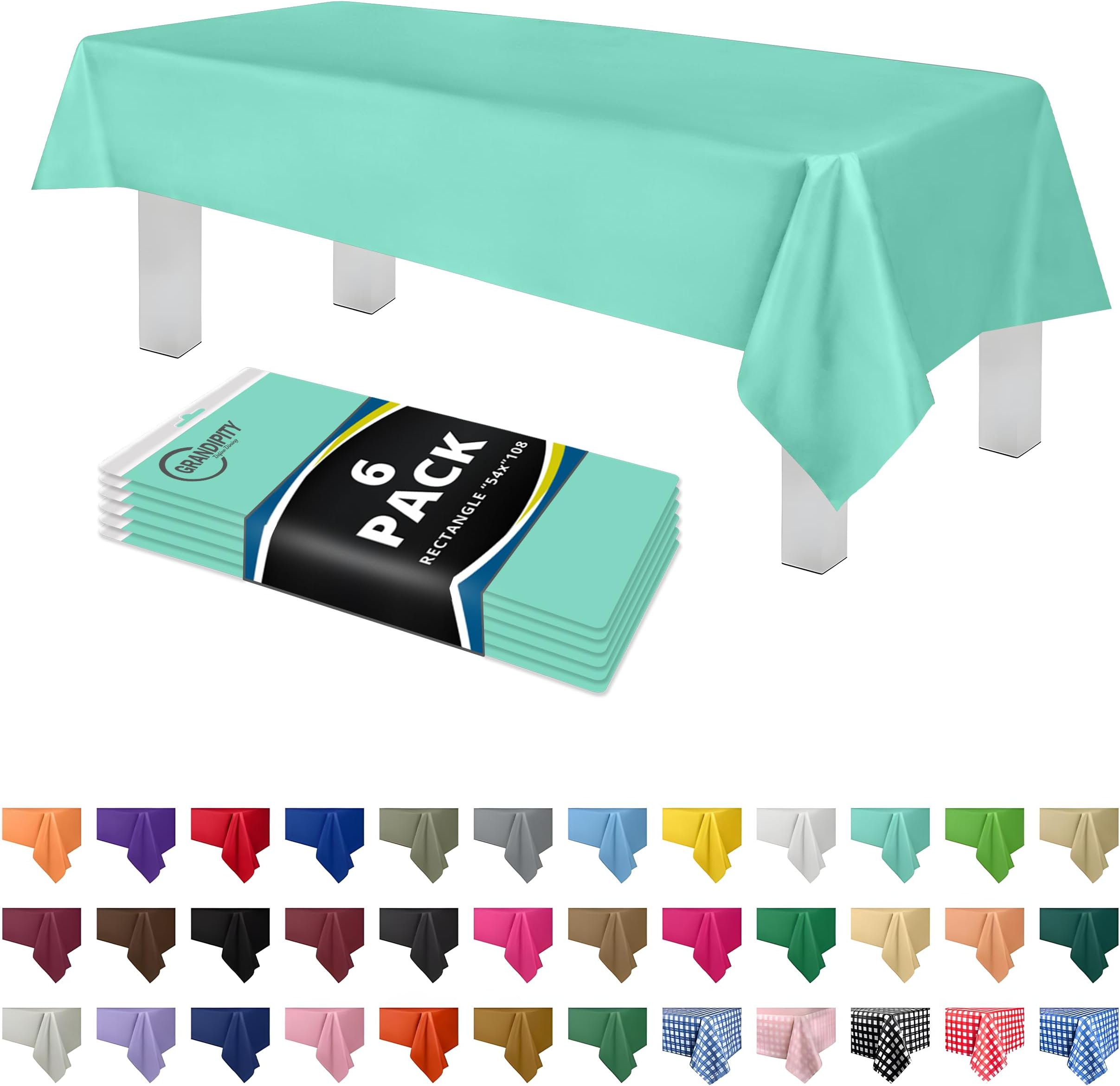 Grandipity Aqua Plastic Table Cloth Disposable (6 Pk) 54in x 108in Plastic Tablecloths for Rectangle Tables - Premium Party Table Cloths Disposable for 6ft to 8ft Rectangle Tables