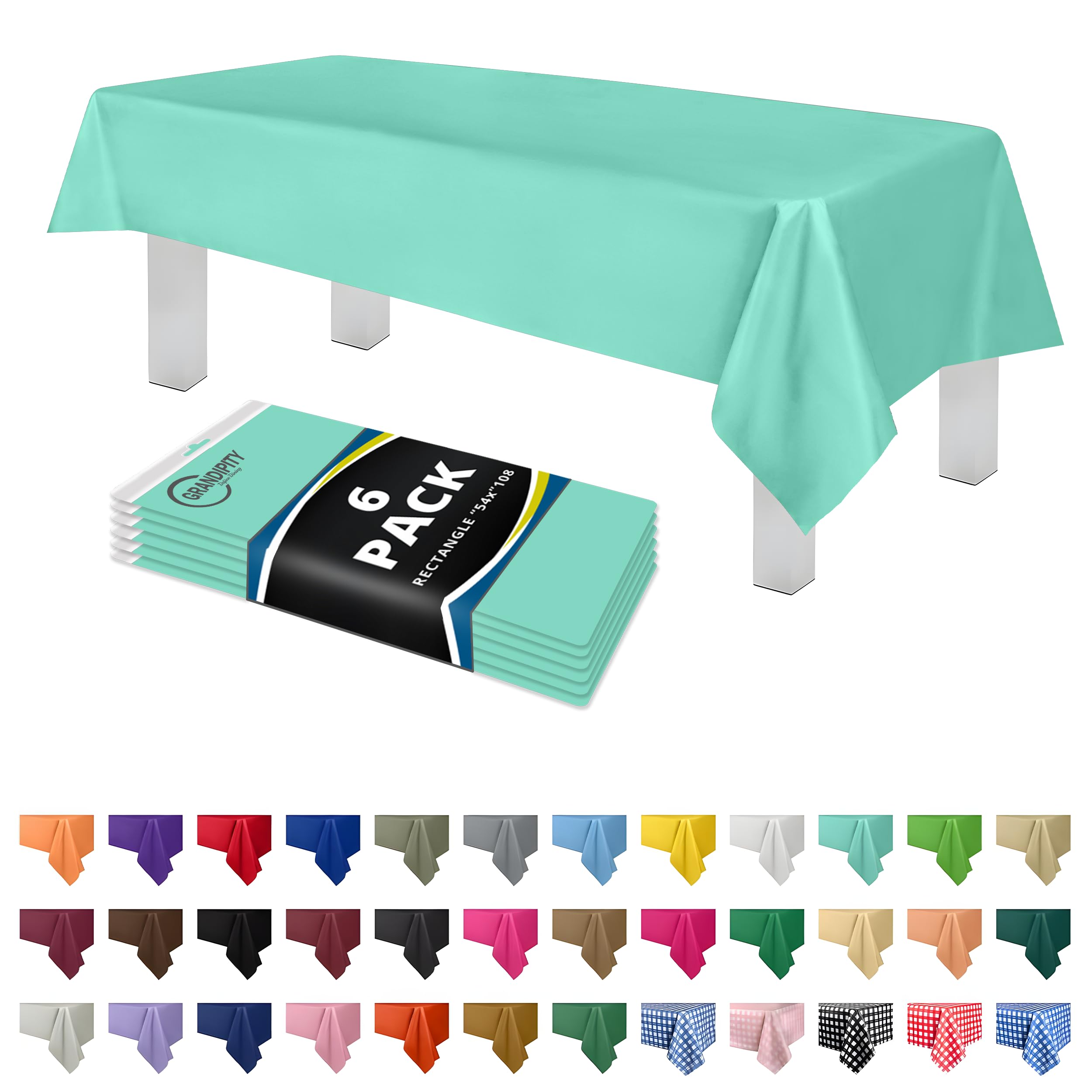Grandipity Aqua Plastic Table Cloth Disposable (6 Pk) 54in x 108in Plastic Tablecloths for Rectangle Tables - Premium Party Table Cloths Disposable for 6ft to 8ft Rectangle Tables