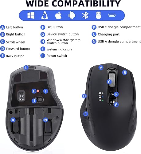 Miniatura 7 de Ratón inalámbrico con Bluetooth, USB-A, receptor USB-C, recargable, de tamaño completo, silencioso, ergonómico, para