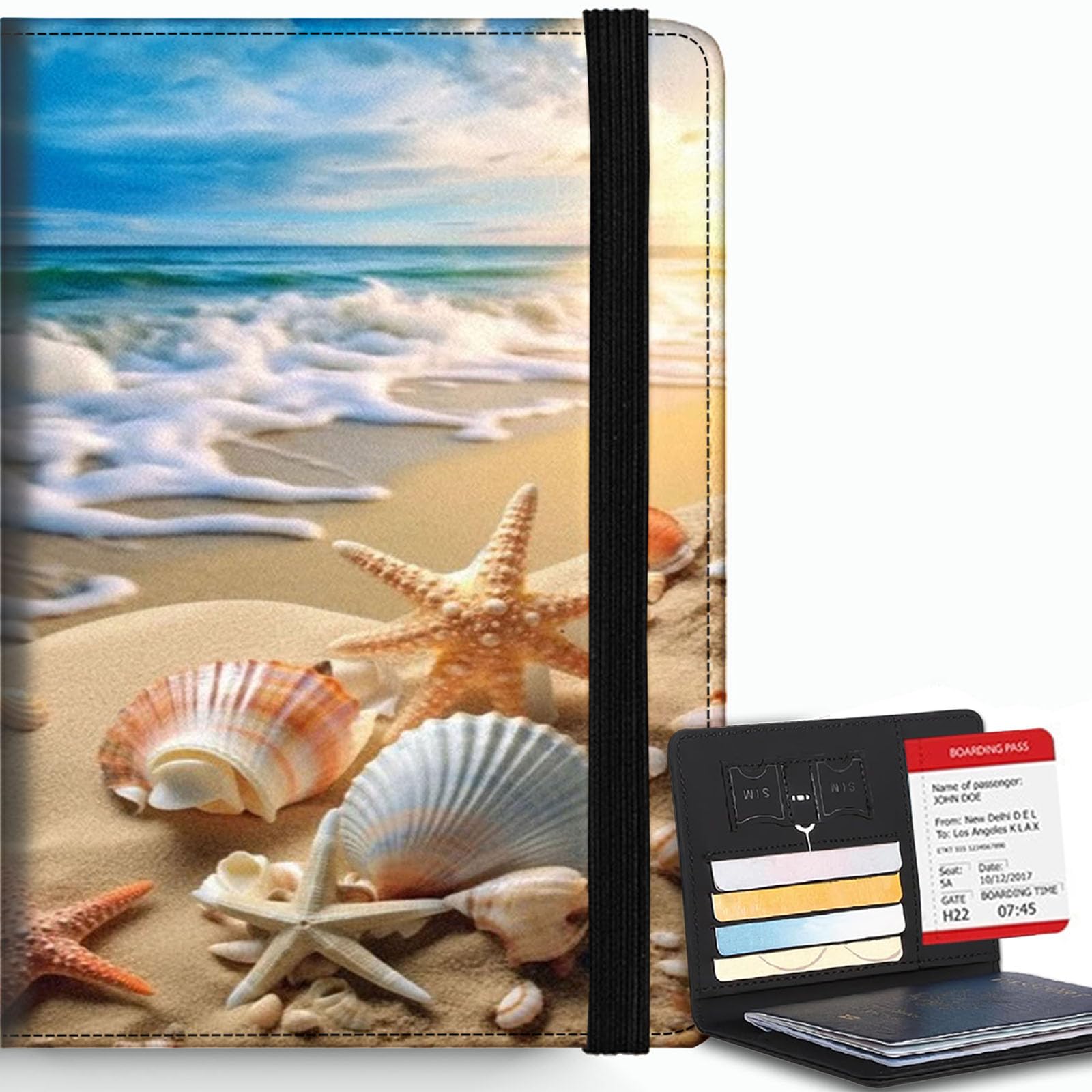 Bxgolkgd Passport Cover RFID Blocking Large Capacity Multi-Slot Travel Passport Wallet for Men Women - Beach Shell Starfish