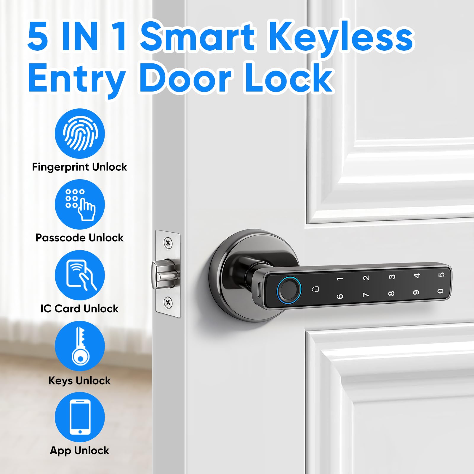 Cerradura Inteligente para Puertas, Cerradura de Puerta Inteligente de Huellas Dactilares con Manija Teclado, Control por App, Almacenamiento Local de Datos, 5 Métodos de Apertura, Sin Llaves