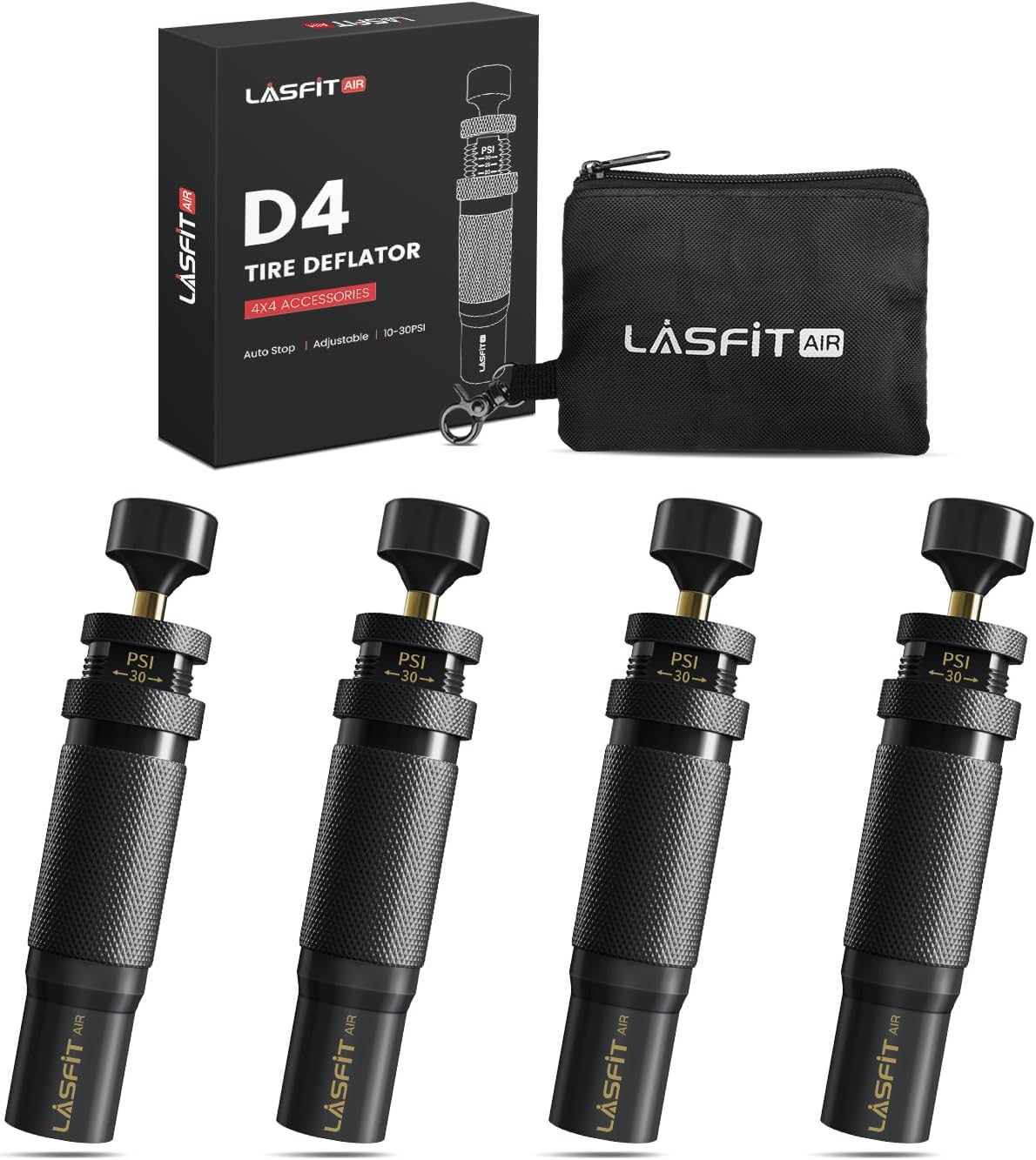 LASFIT AIR D4 Adjustable Auto Stop Tire Deflator Kit (10-30PSI) 4pcs Screw on Tyre Air Down Tool for Offroad 4X4 Overlanding (with 4 Valve Caps)