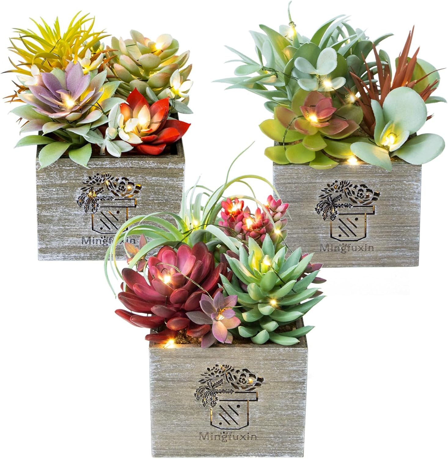 Mingfuxin Succulents Plants Artificial, Small Faux Plants with Lights, Assorted Decorative Fake Succulent Potted for Office Desk Bathroom Bedroom Shelves Windows Room Decor