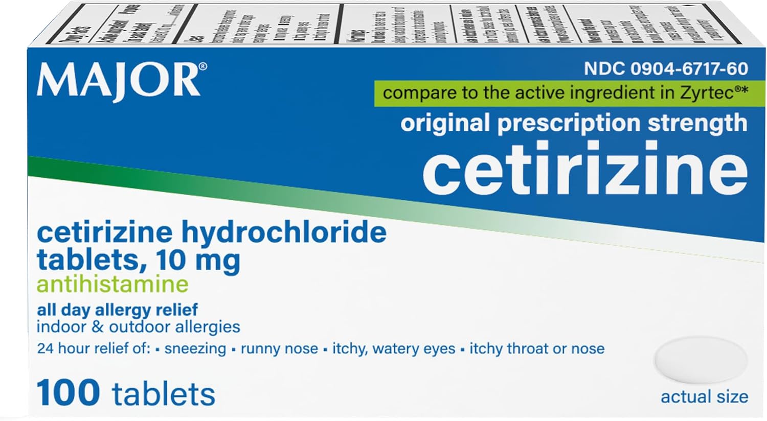 Major Cetirizine Hydrochloride Tablets - 24 Hour Indoor and Outdoor Allergy Relief for Sneezing, Watery Eyes, Itchy Throat or Nose - 10mg - 100 Count (3 Pack)