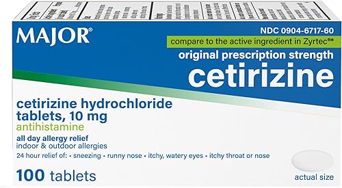 MAJOR Tabletas de clorhidrato de cetirizina, alivio de alergias en interiores y exteriores las 24 horas para estornudos, ojos llorosos, picazón de