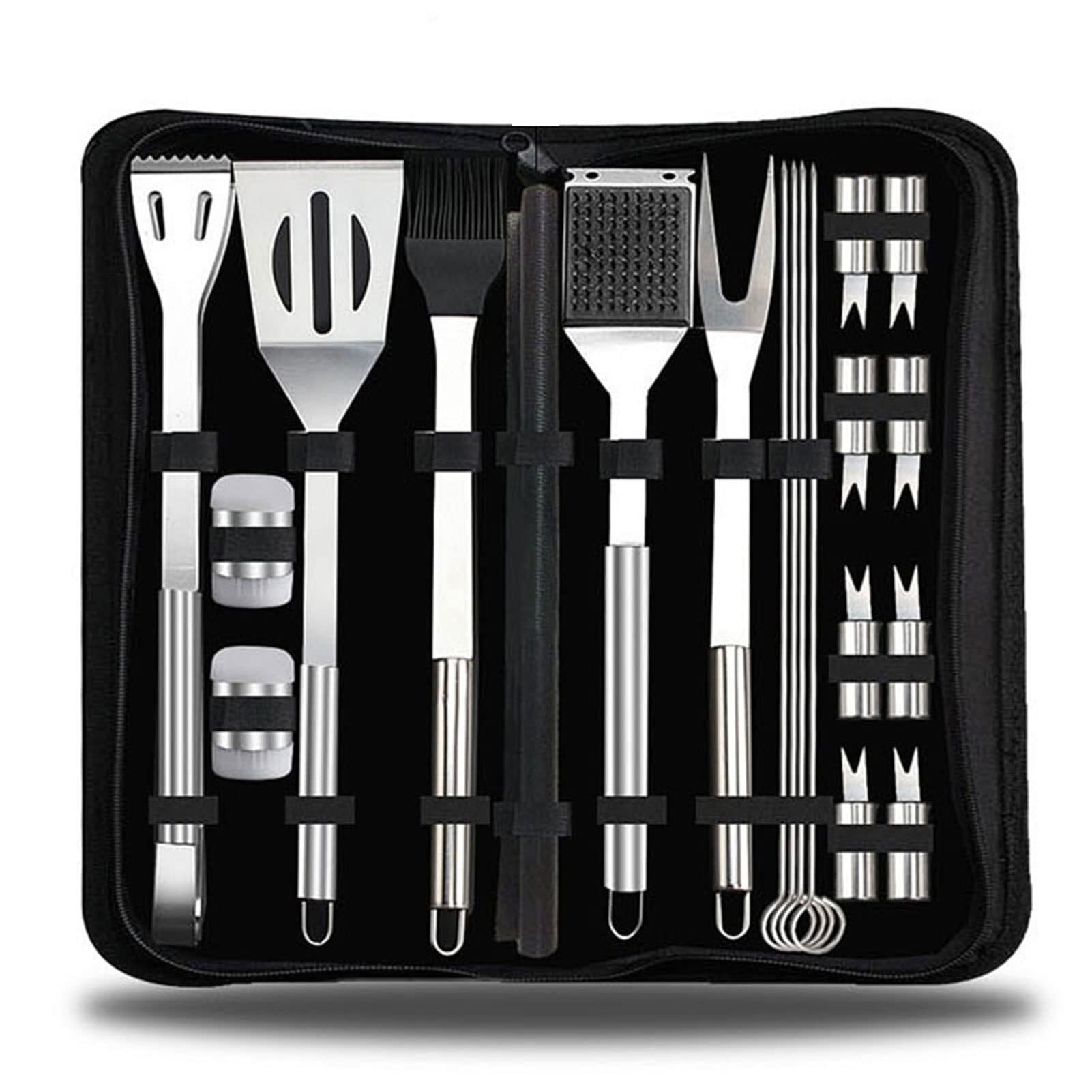 Set di Utensili per Barbecue in Acciaio Inossidabile da 20 Pezzi, Kit di Accessori per grigliate Resistenti con Custodia, per Cucinare all'aperto, Campeggio, ba