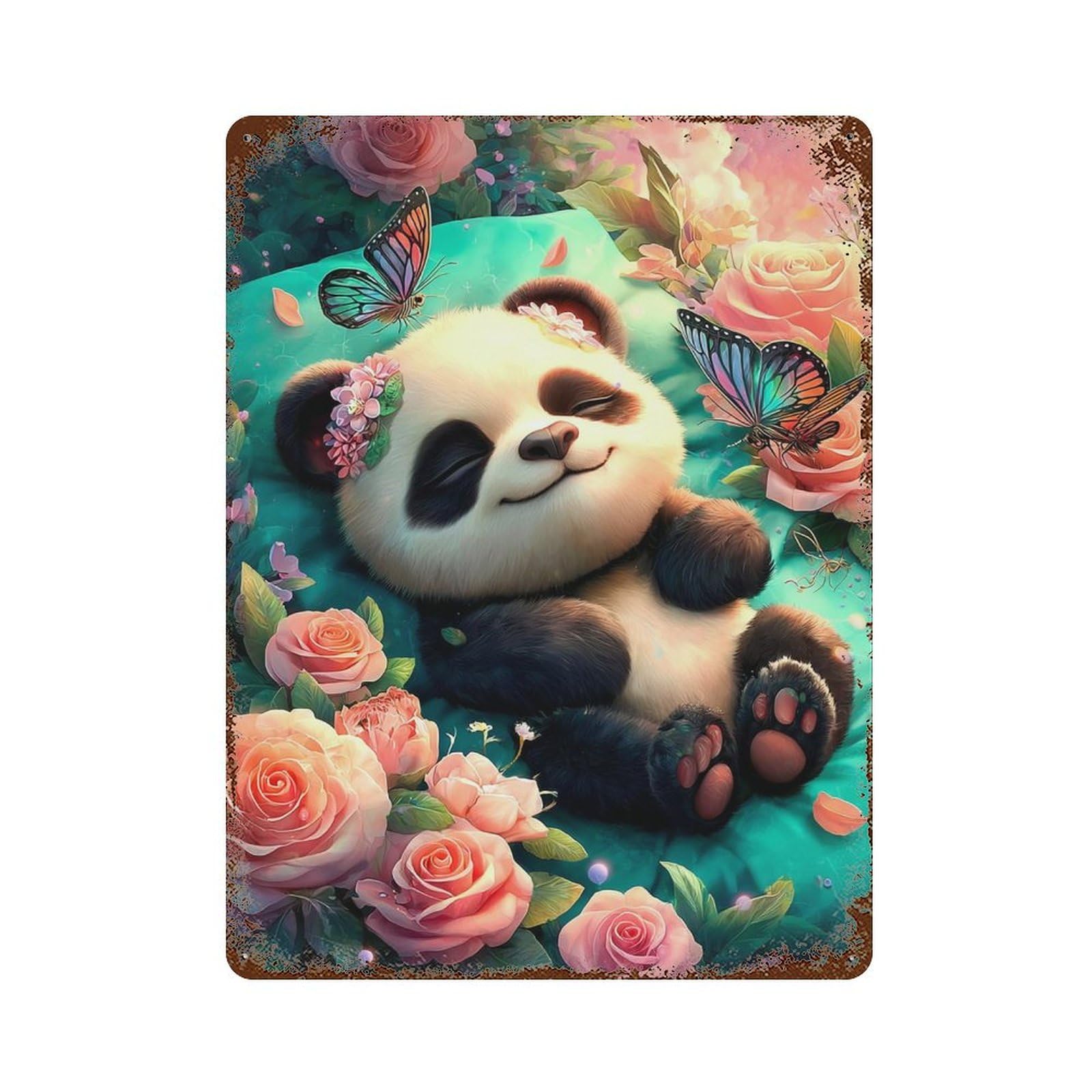 Weathered Tin Sign Floral Panda Paradise 15.7"x11.8", Rustic Home Decor for Basement, Hobby Room And Garage Decor