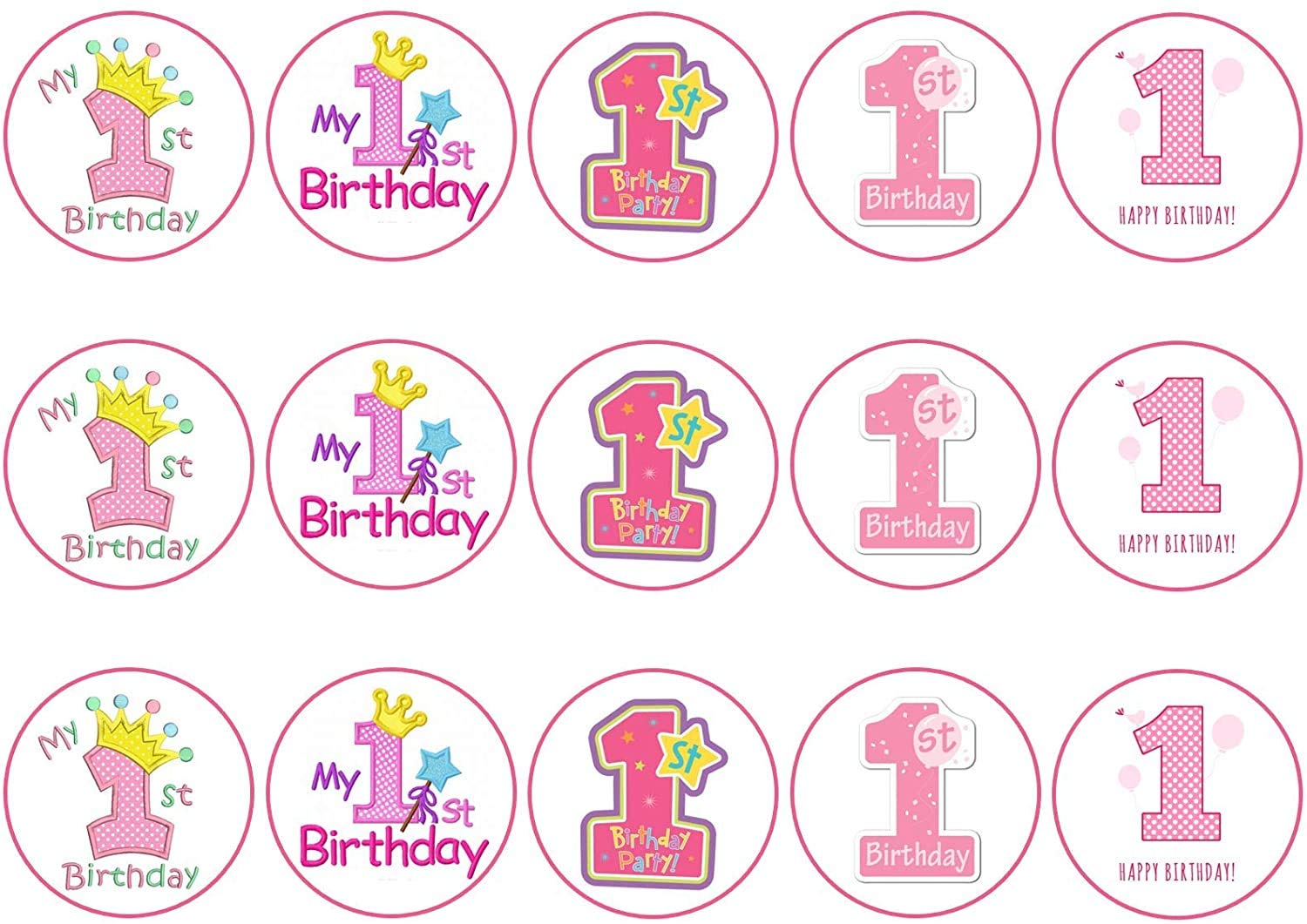 First Birthday Girl Pink Number 1 Cupcake Icing, Wafer or Wafer Card 15 x 2 inch Toppers (Icing)