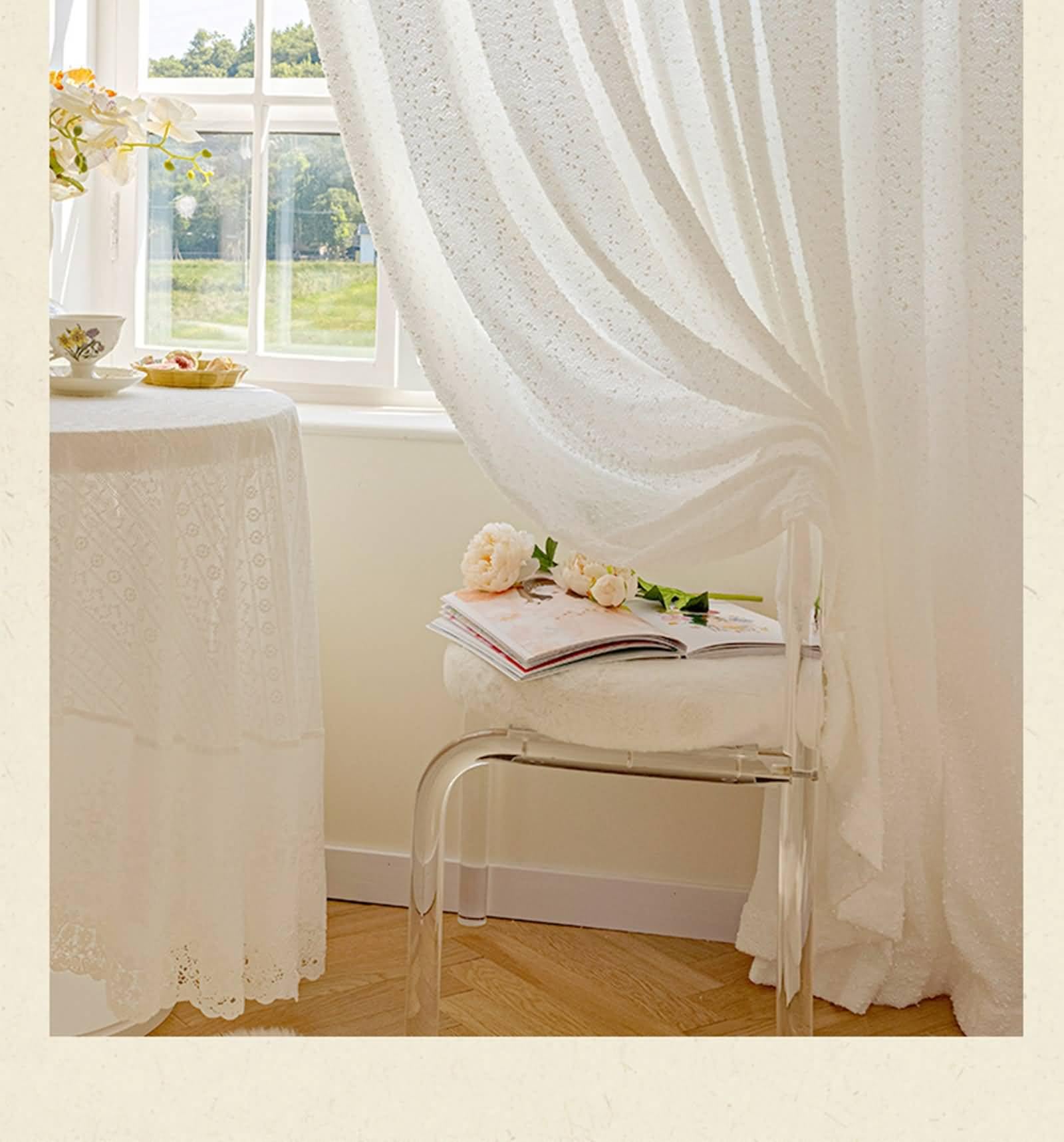 Rideau Transparent Occultant, 102x138cm Couleur Unie avec Pompon Rideau Transparent pour filtrage de la lumière du Salon en Fil, Blanc