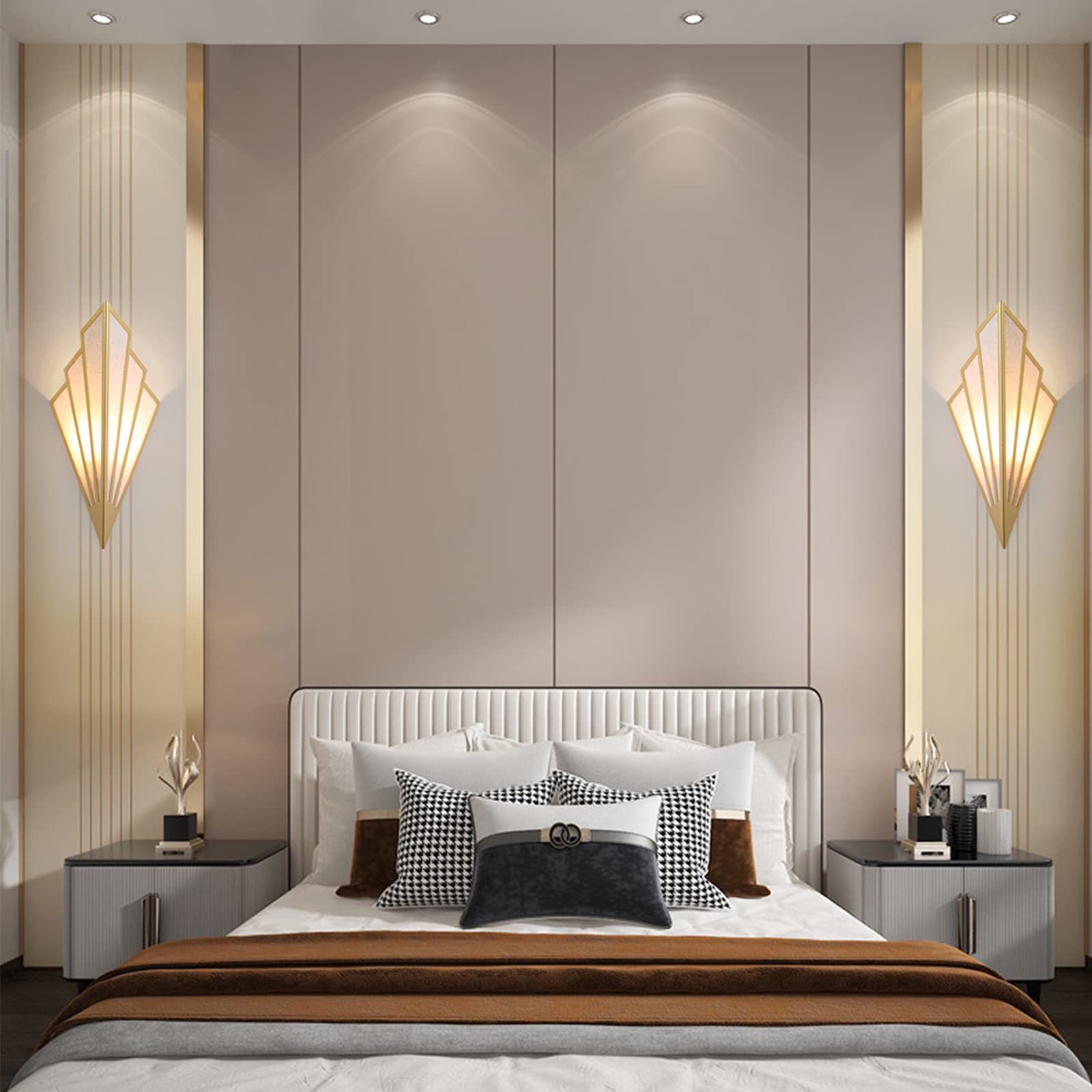 Lámpara de Pared limily Dorado Aplique Pared Creativa en Forma de Abanico con Pantalla de Lino para Dormitorio