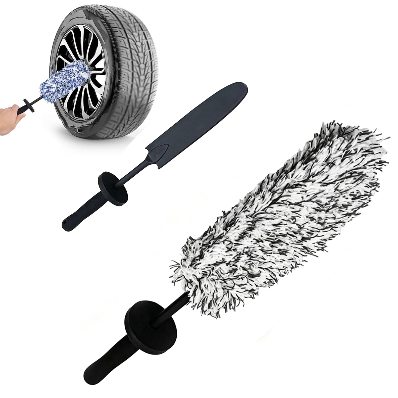 Zqbxhdzw Black Microfibre Wheel Cleaning Brush Kit,Non-Scratch Rim Tyre Brush,Flat Long Handle Detailing Brushes For Alloy Wheels,Spokes,Barrels,Car Truck Motorcycle,No Metal Soft Bristles(Black)