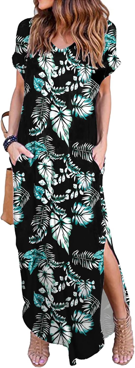 HUSKARY Women's Summer Maxi Dress Casual Loose Pockets Long Dress Short Sleeve Split Maxi Dresses