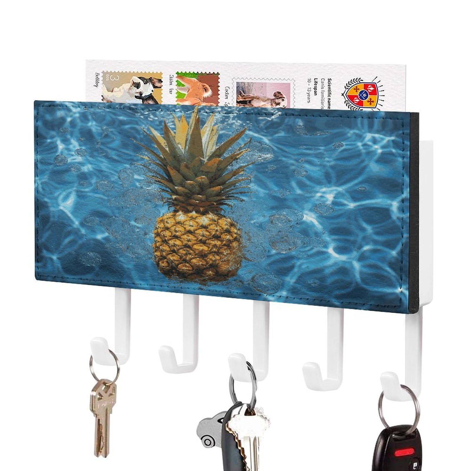 FekiLoot Pineapple in The Pool Key Holder for Wall Decorative Mail Organizer with 5 Key Hook Self Adhesive Key Rack with Tray Coat Rack Wall Mount Key Hanger Decor for Entryway Door