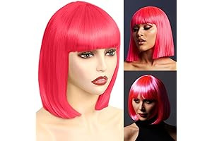 Hot Neon Pink Bob Wigs with Bangs, Short Straight Synthetic Hair for Party Costume Cosplay