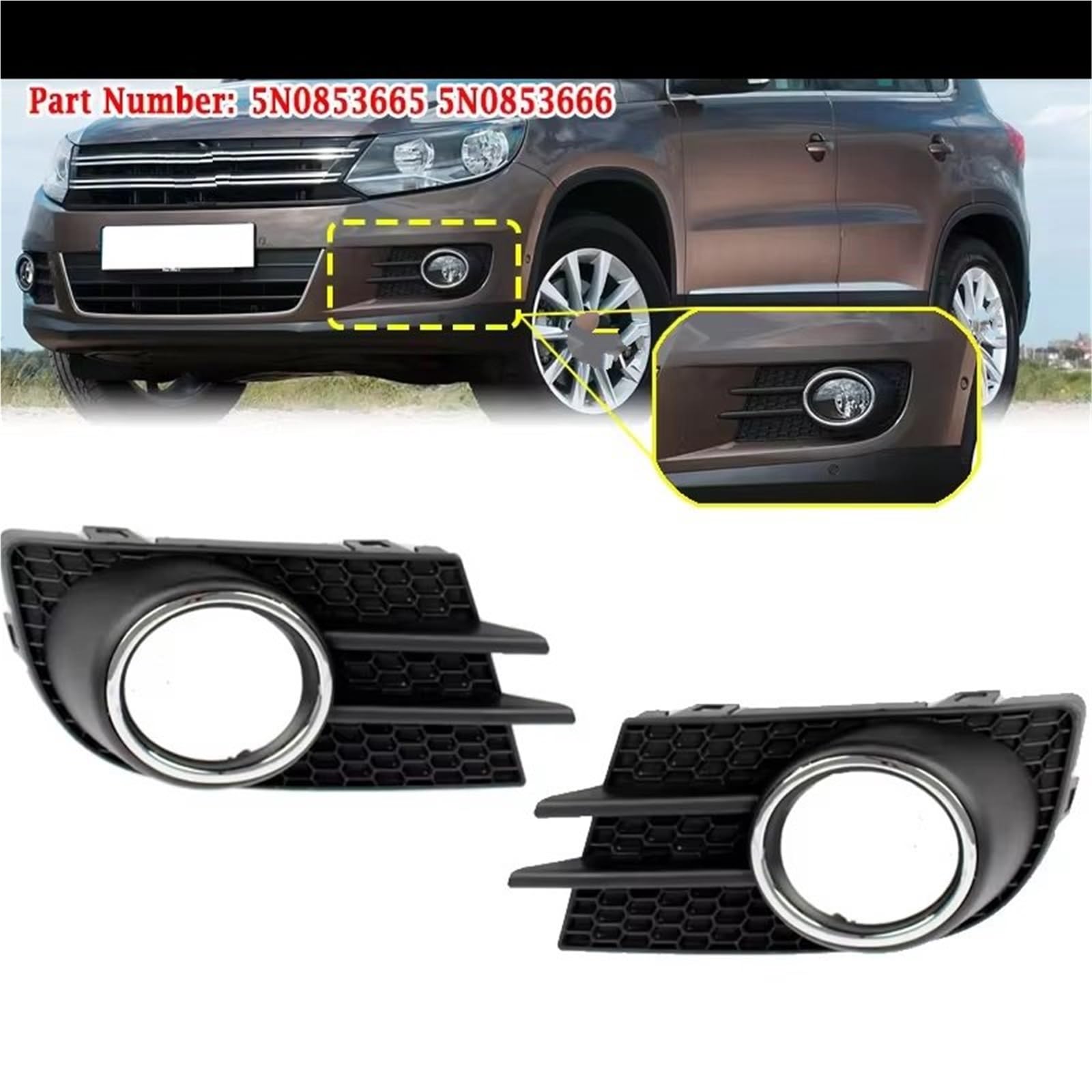 Frontstoßstange Nebelscheinwerfer Rahmenabdeckung Lünette Schutzgitter 5N0853666 Kompatibel Mit Vw Für Tiguan EU 2012 2013 2014–2018 5N0853665