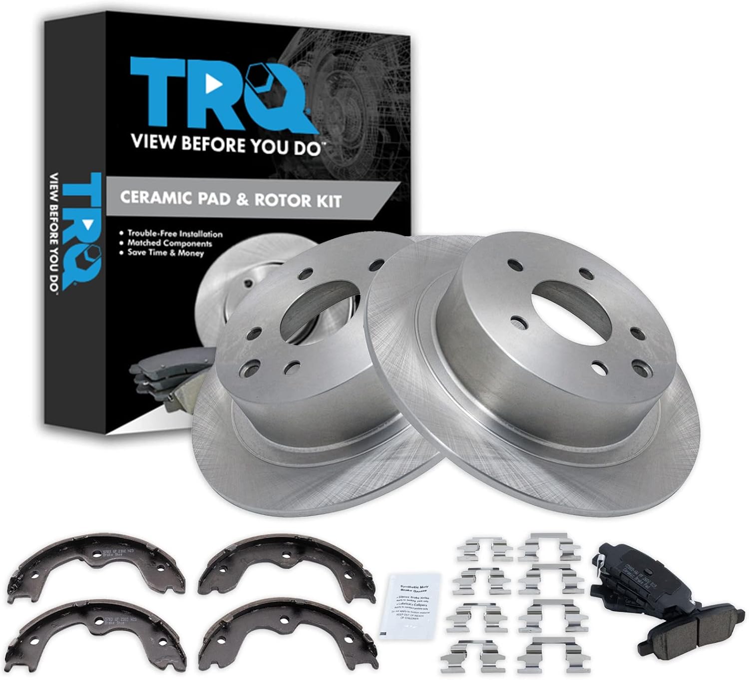 TRQ Rear Brake Pad & Rotor Kit Brake Pads Brake Rotor Parking Brake Shoe Set Ceramic Compatible with 2002-2021 Nissan Altima 2004-2018 Maxima