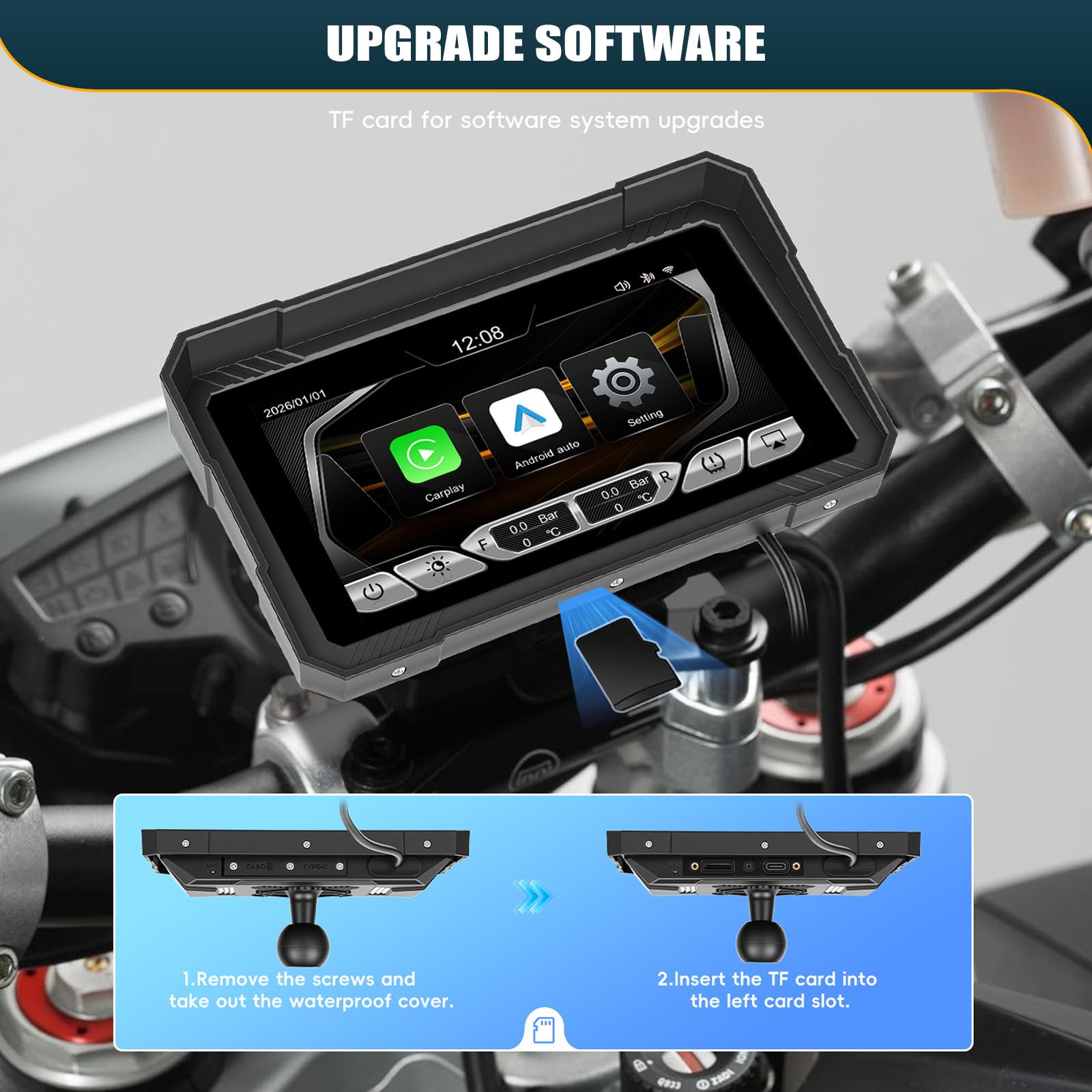 CAMECHO Motorrad Carplay 5 Zoll Navi Bildschirm mit Wireless Carplay Android Auto IP67 Wasserdichter Navigationsgeräte, HD Touchscreen Bluetooth Display für Motorräder 12V