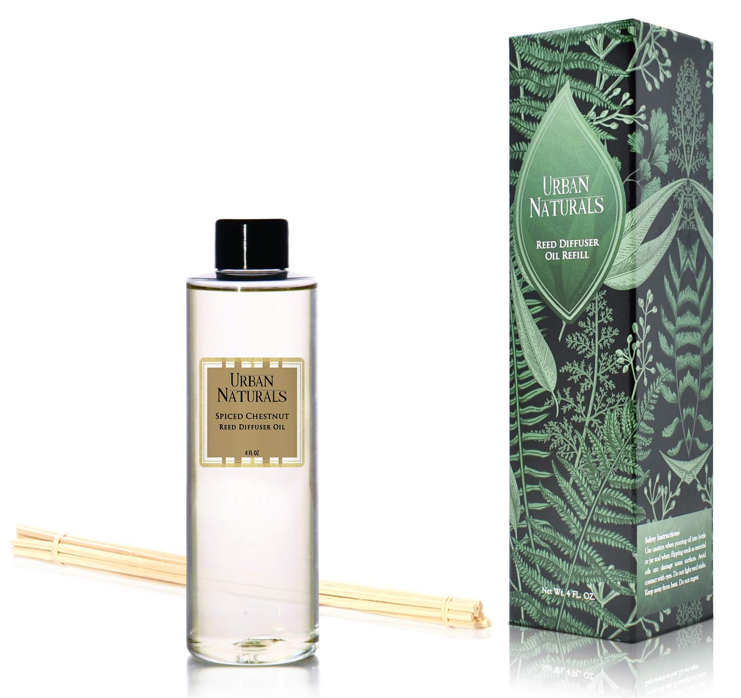 Urban Naturals Spiced Chestnut Oil Reed Diffuser Refill with Free Set of Reed Sticks – Comforting Autumn Scent of Chestnuts, Cinnamon, Clove and Cedar Wood – Vegan, 4 oz, Made in The USA