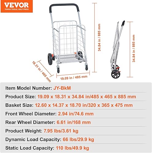 Miniatura 7 de VEVOR Carrito de compras plegable, capacidad de carga estática de 110 libras, carrito de comestibles con ruedas giratorias giratorias, cesta de
