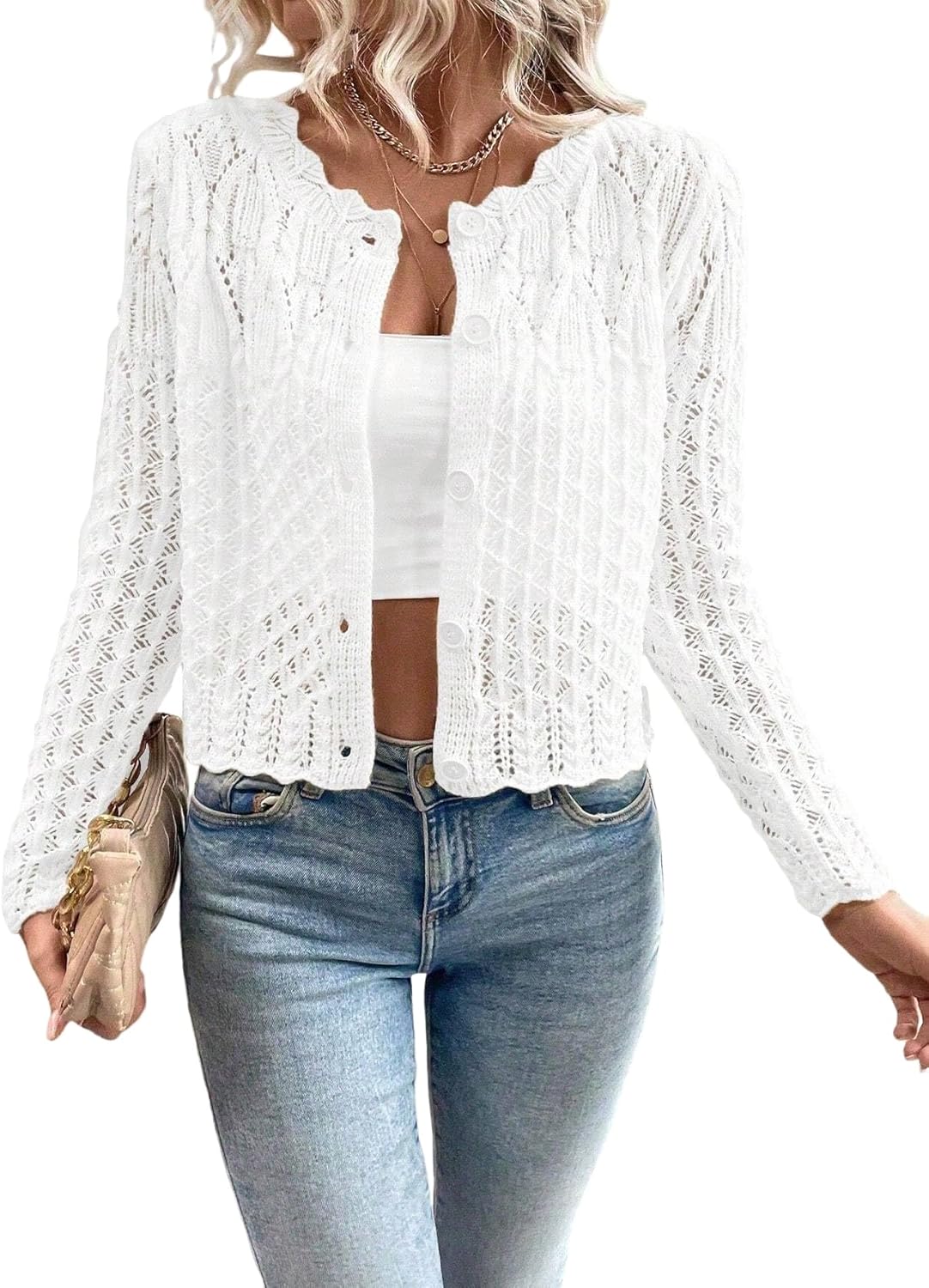 Urchics Knit Cardigan Sweaters for Women Crewneck Cropped Sweater Long Sleeve Front Button Fall Tops