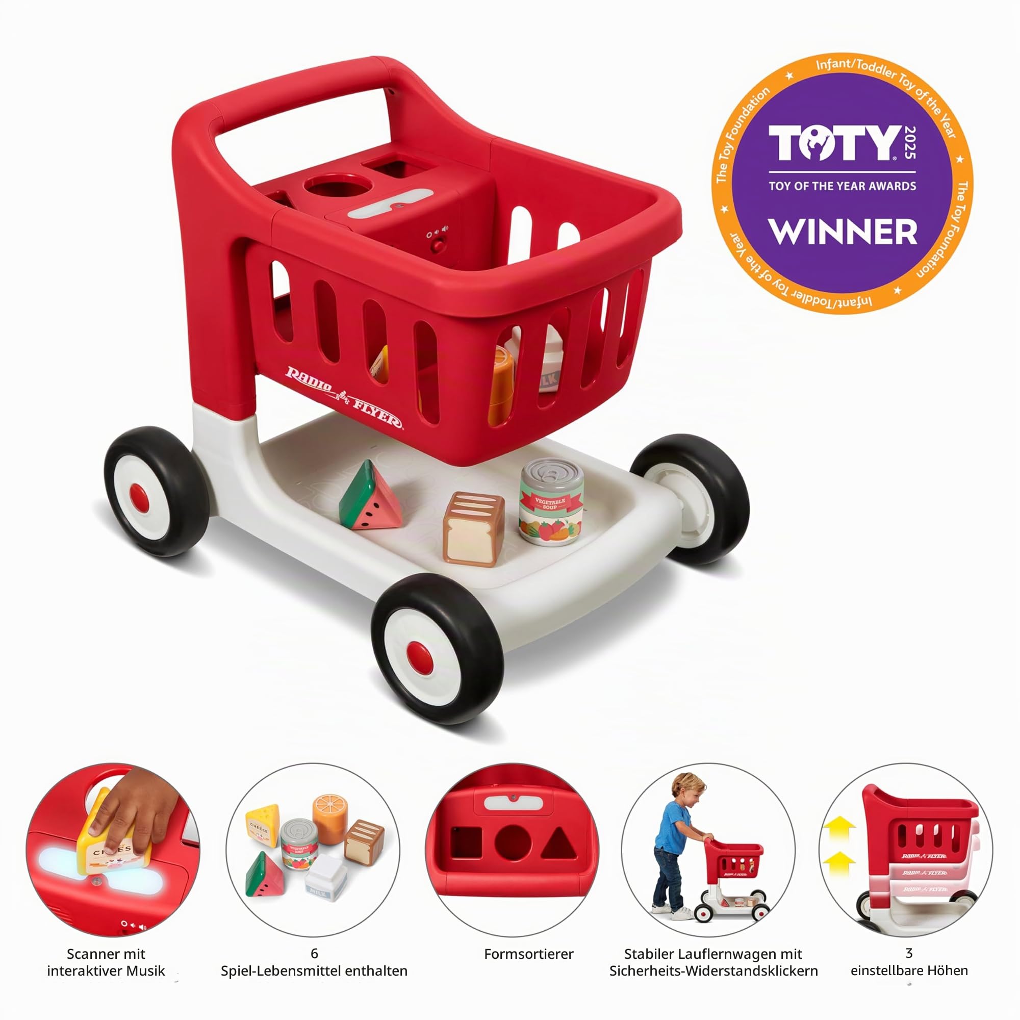 Radio Flyer Scan & Sort Einkaufswagen mit Lichtern und Geräuschen, Rutschspielzeug, Roter Spielzeug-Walker für Kleinkinder, für Kinder ab 1 Jahr