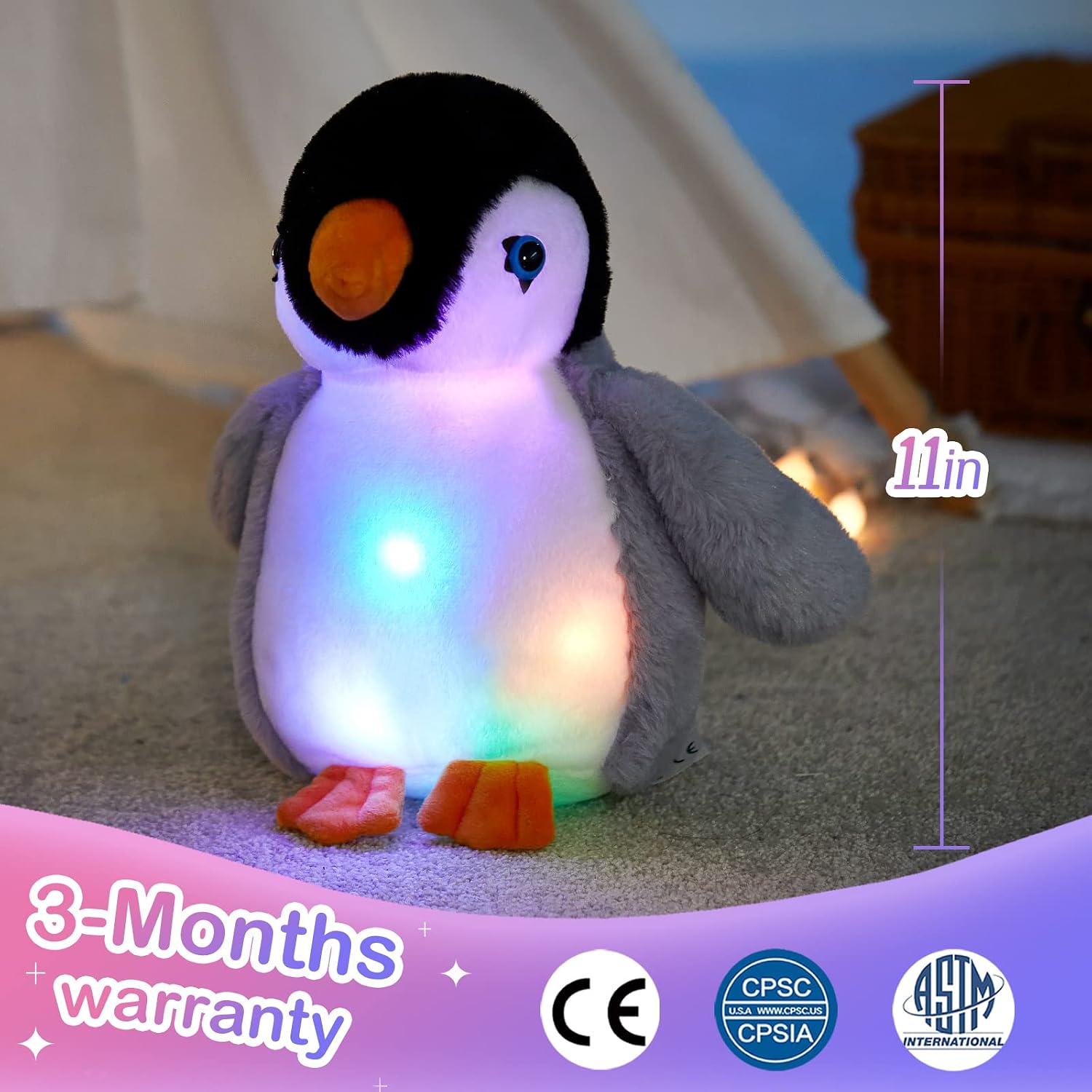 BSTAOFY Light up Penguin Stuffed Animal Glow Perky Adorable LED Floppy Plush Toy Nightlight Gift for Kids on Christmas Birthday Holiday, 11''
