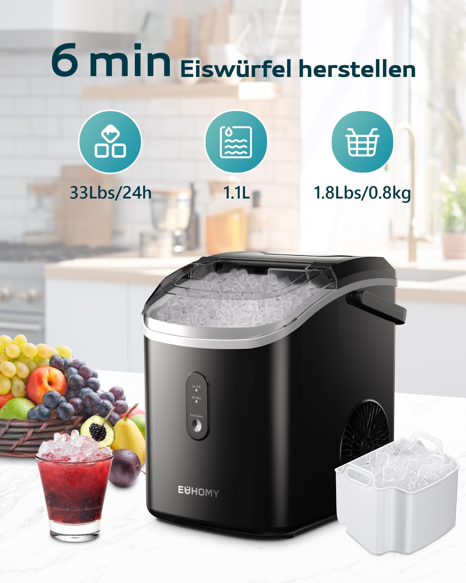 EUHOMY Macchina per cubetti di ghiaccio, 15 kg/24 h, produzione in 6 minuti, Crushed Ice Maker, Nuggets Ice, pulizia automatica, 120 W, macchina per cubetti di ghiaccio da tavolo, sensore a