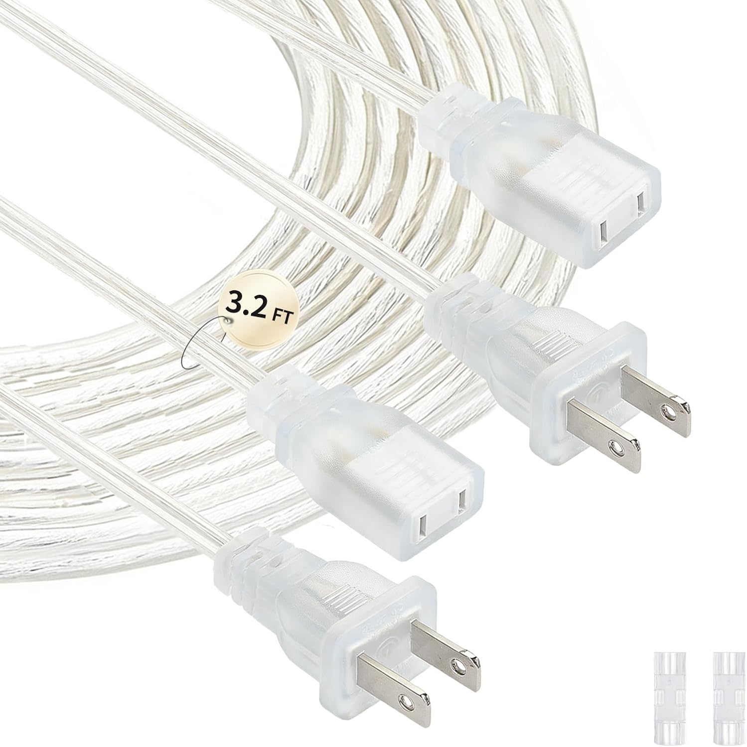 2 Pack Clear Extension Cord 3.2 FT, Short Extension Cord Indoor Thin, UL & ETL Certified Power Cable for Lamps, String Lights & Small Electronics