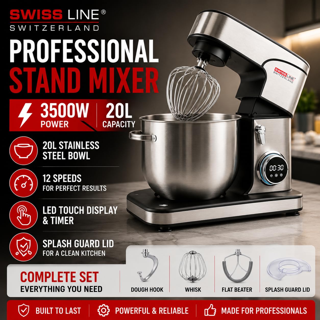 Swiss line® Robot Pâtissier Professionnel 3500W – Bol Inox 20L XXXXL – 12 Vitesses avec Écran LED Tactile & Minuteur – Pétrin Planétaire avec Crochet, Fouet, Batteur & Couvercle Anti-éclaboussures